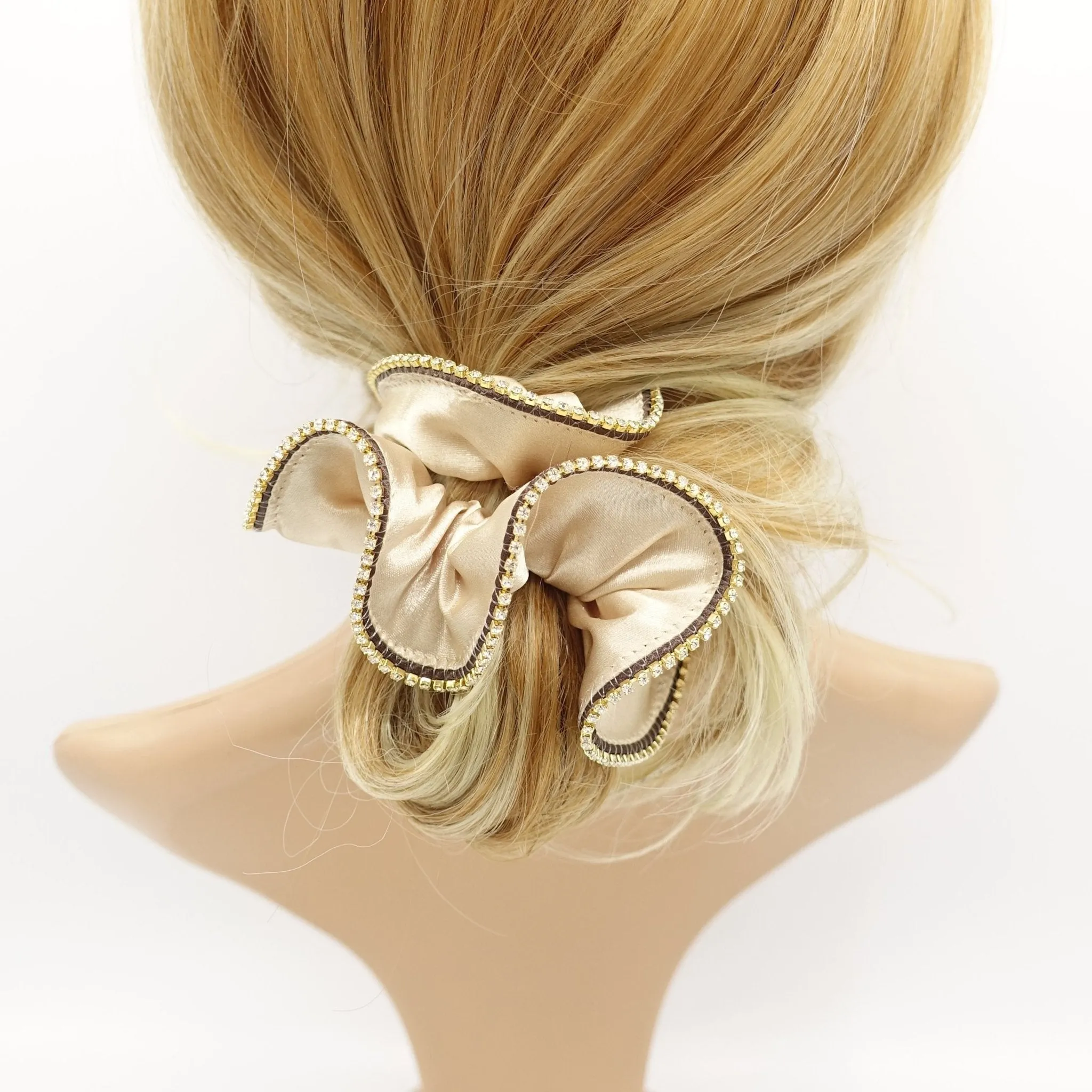 satin scrunchies crystal rhinestone trim edge scrunchy women hair elastic accessory