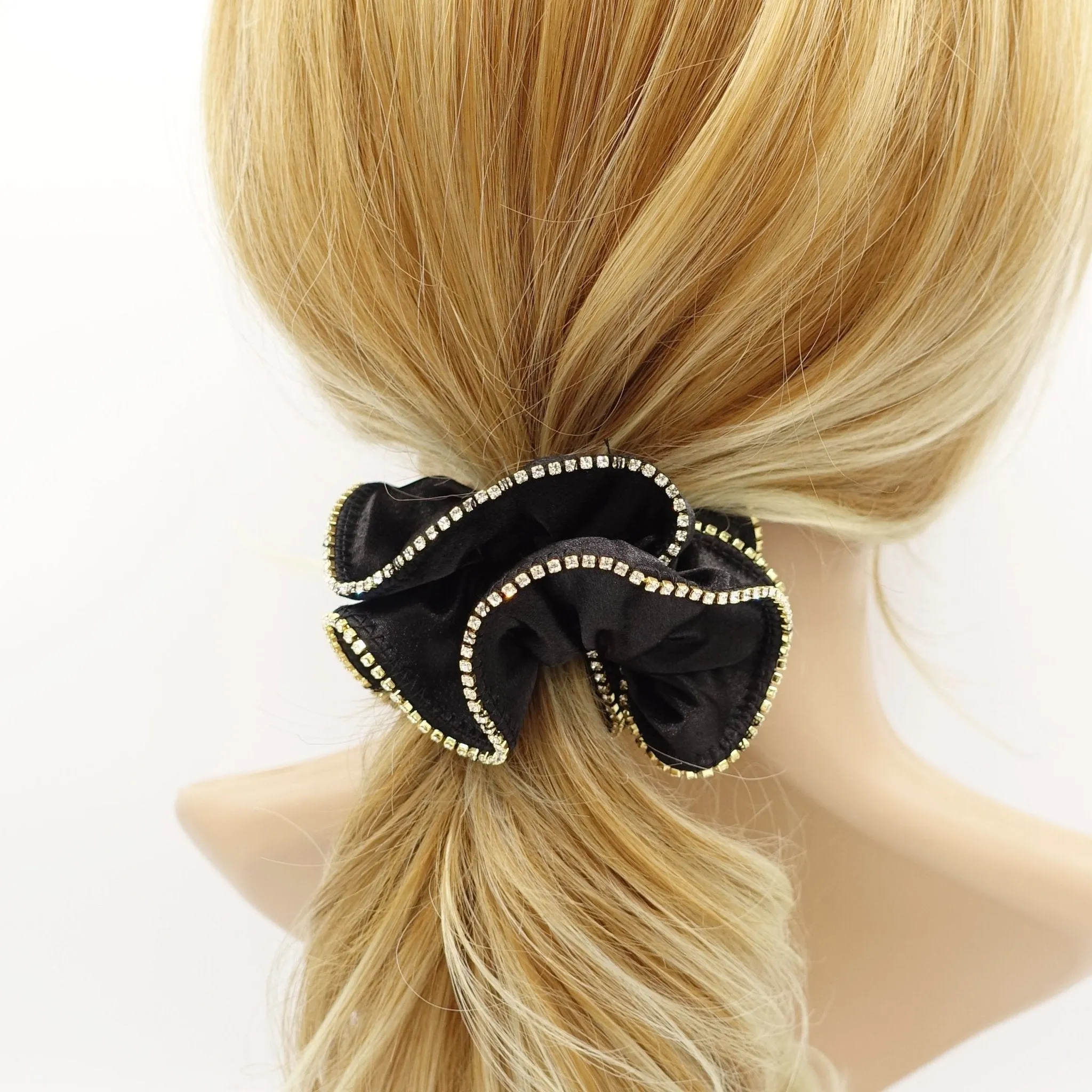 satin scrunchies crystal rhinestone trim edge scrunchy women hair elastic accessory