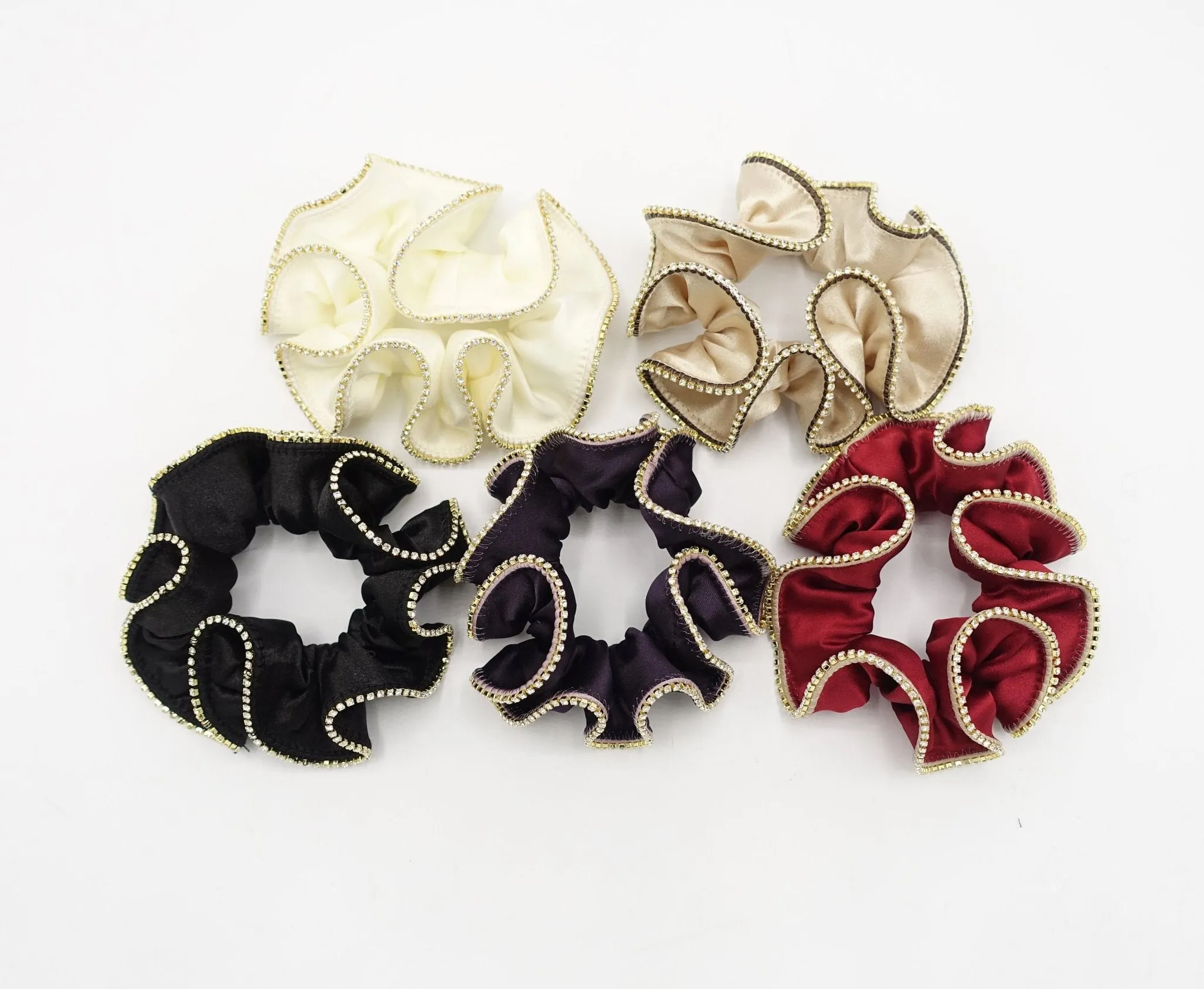 satin scrunchies crystal rhinestone trim edge scrunchy women hair elastic accessory