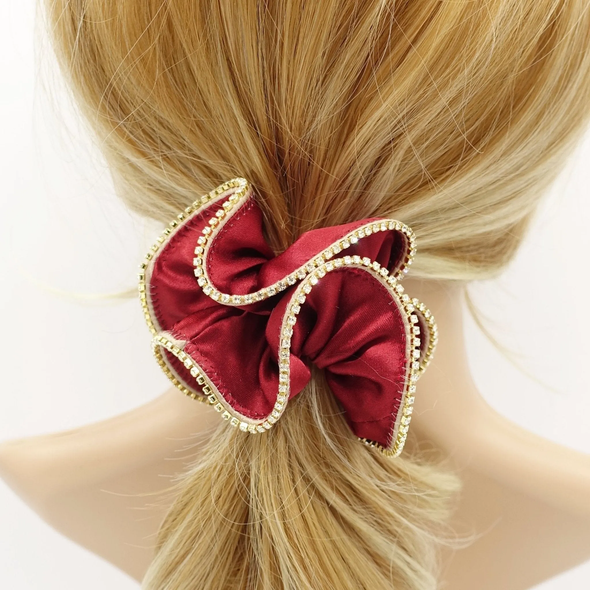 satin scrunchies crystal rhinestone trim edge scrunchy women hair elastic accessory