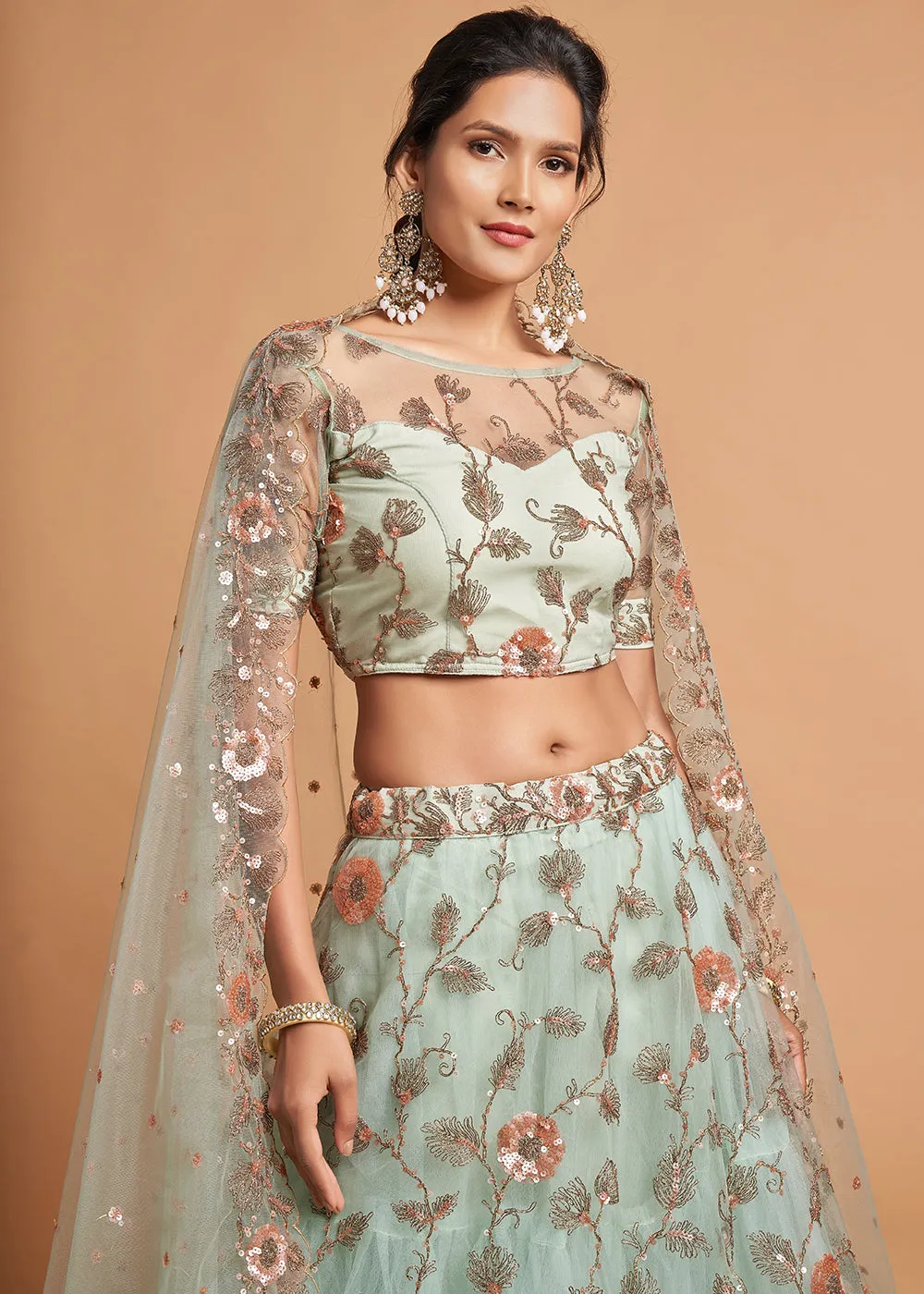 Sky Blue Stylish Embroidered A Line Lehenga Choli