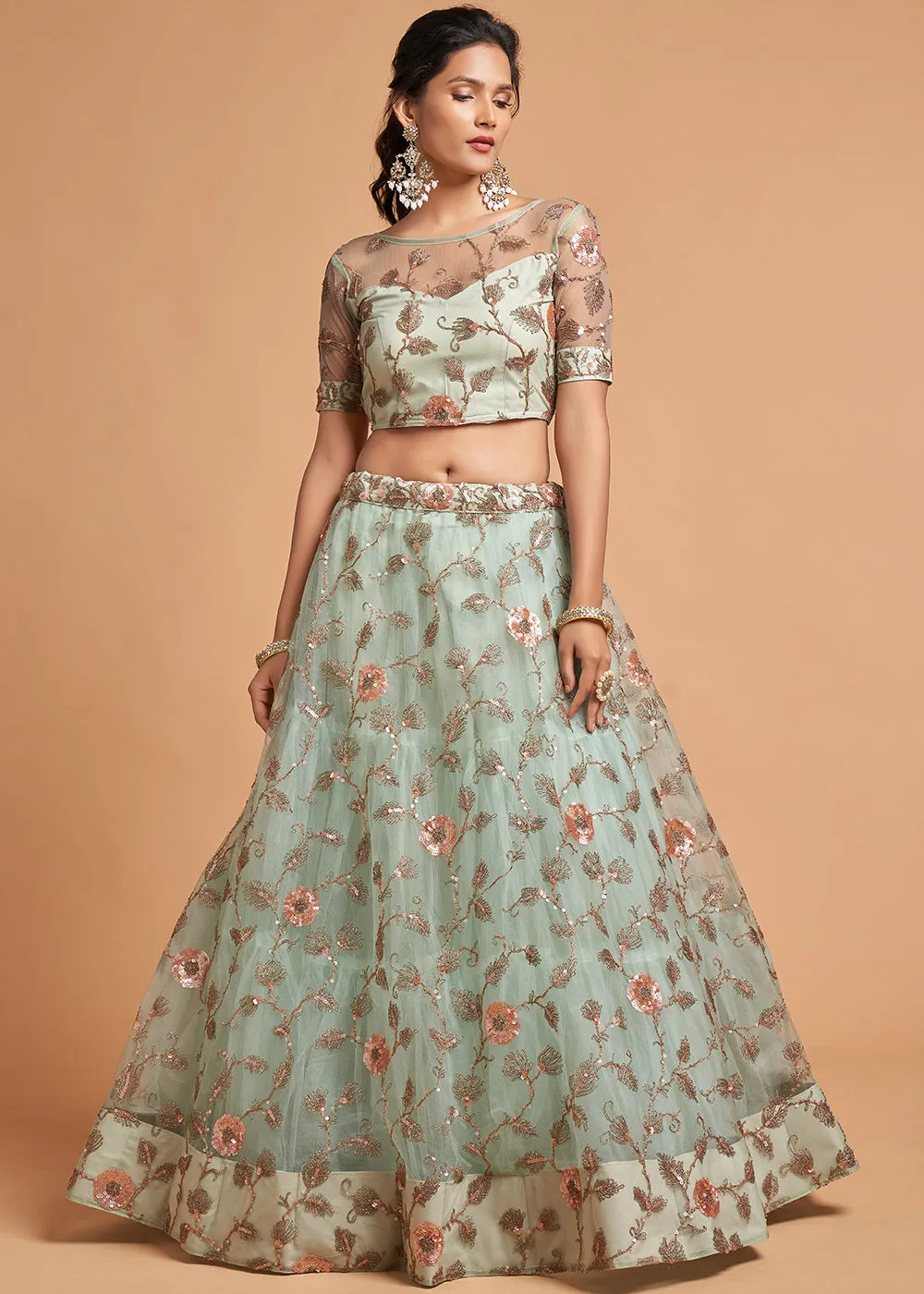 Sky Blue Stylish Embroidered A Line Lehenga Choli