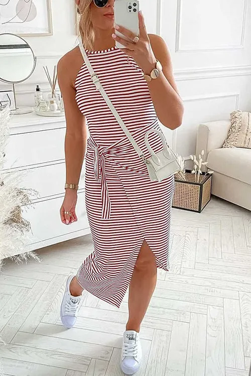 Striped Wrap Tie Asymmetric Halter Midi Dress