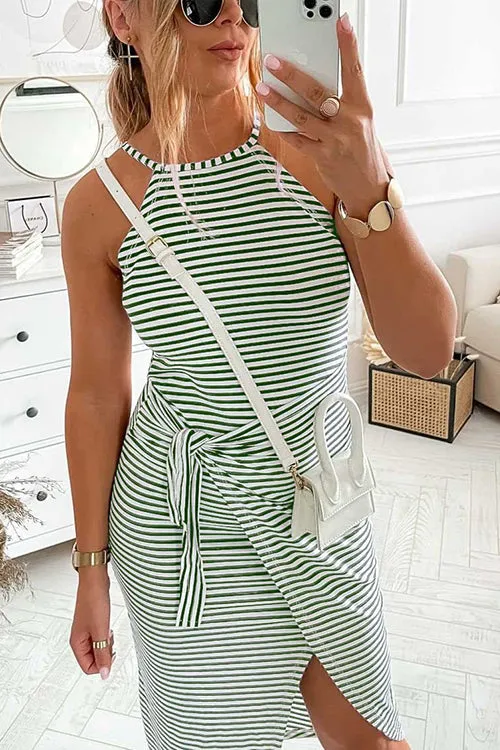 Striped Wrap Tie Asymmetric Halter Midi Dress