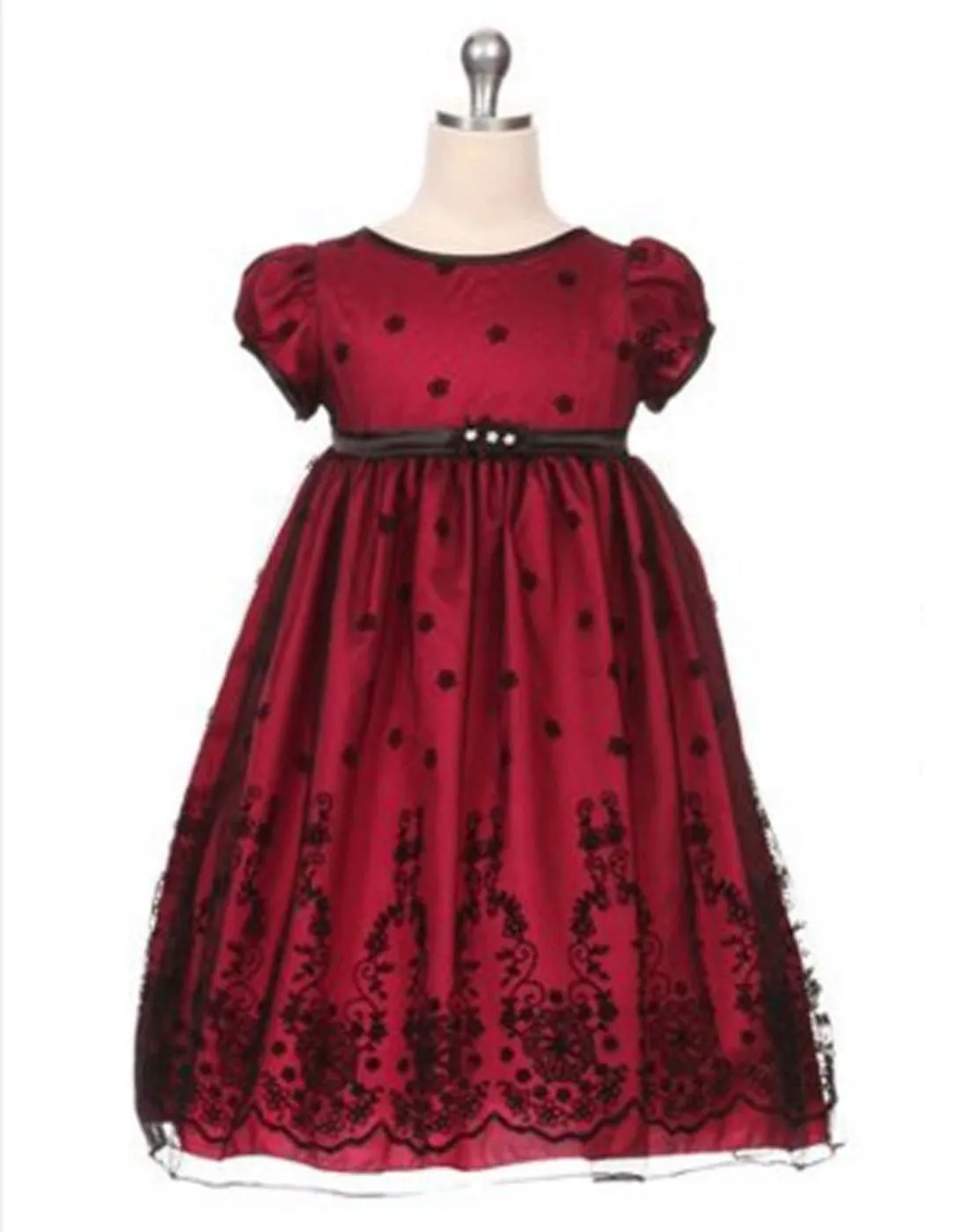 Taffeta and Floral Embroidered Tulle Overlay Dress - Red