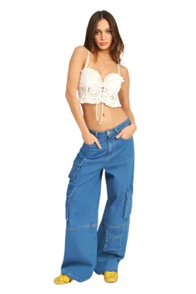 TEEK - WIDE LEG DENIM PANTS WITH POCKETS