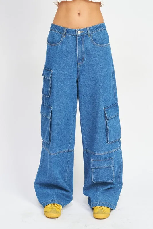 TEEK - WIDE LEG DENIM PANTS WITH POCKETS