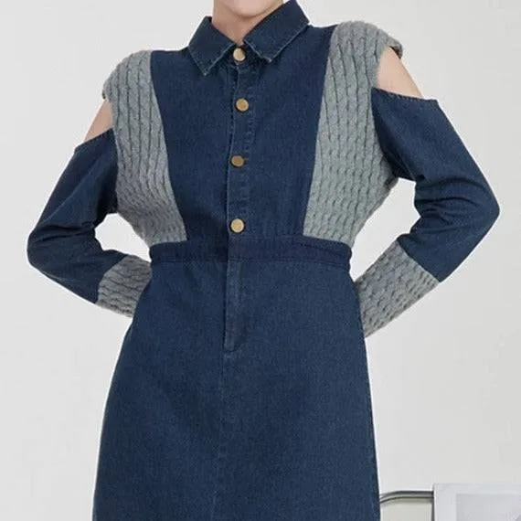 Tessa Spliced Knitting Denim Dresses