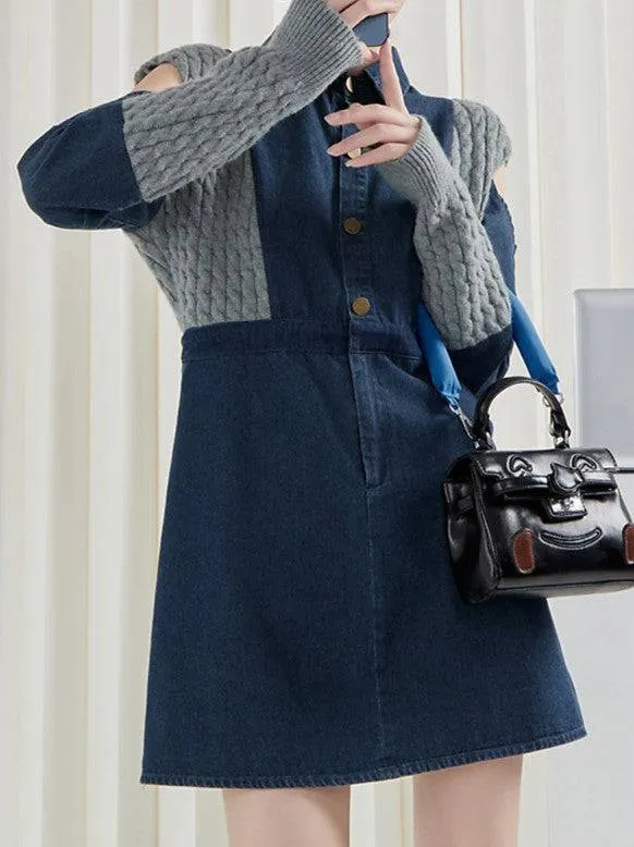 Tessa Spliced Knitting Denim Dresses