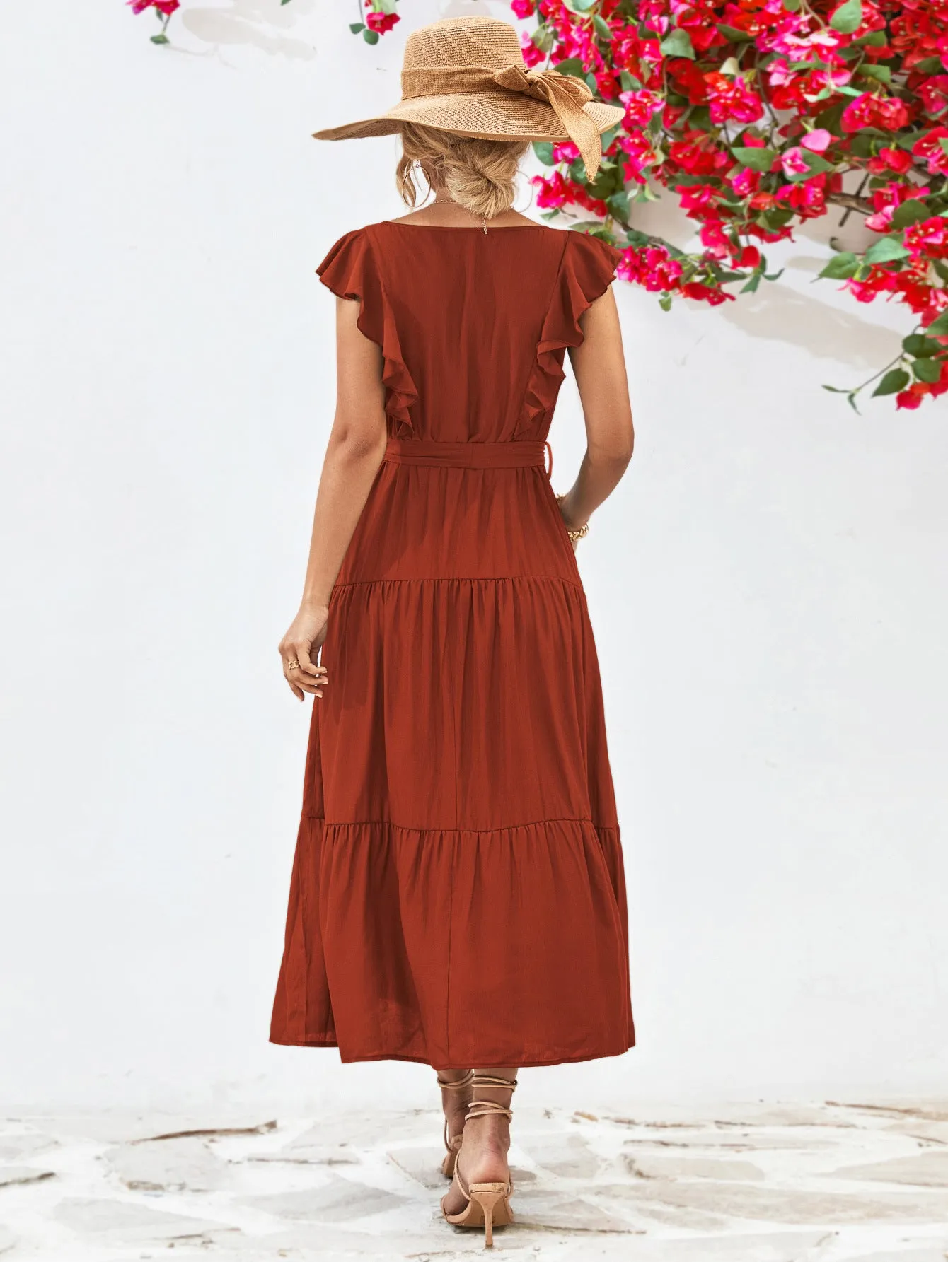 Tie Belt Ruffled Tiered Dress - 2 colors