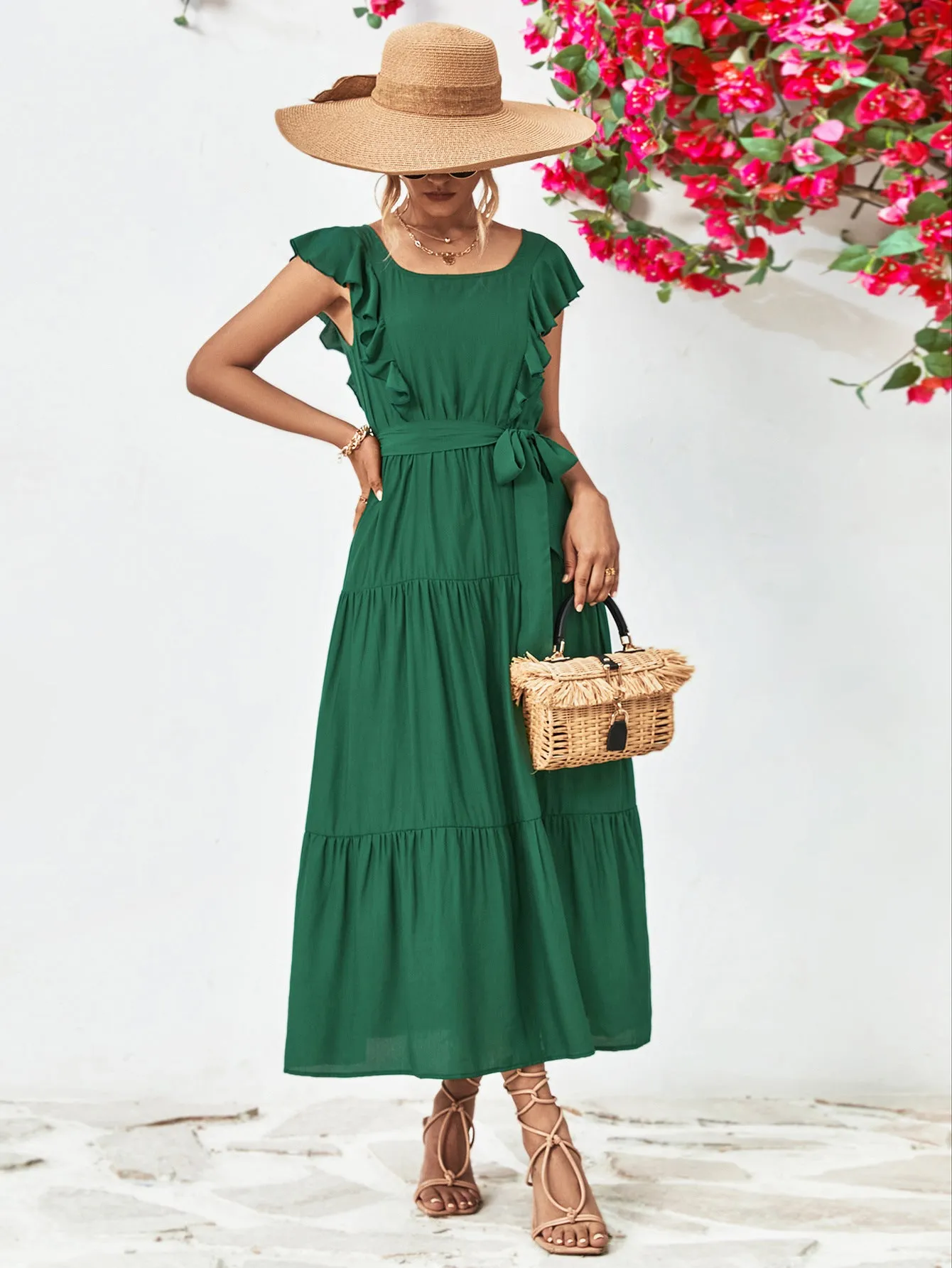 Tie Belt Ruffled Tiered Dress - 2 colors