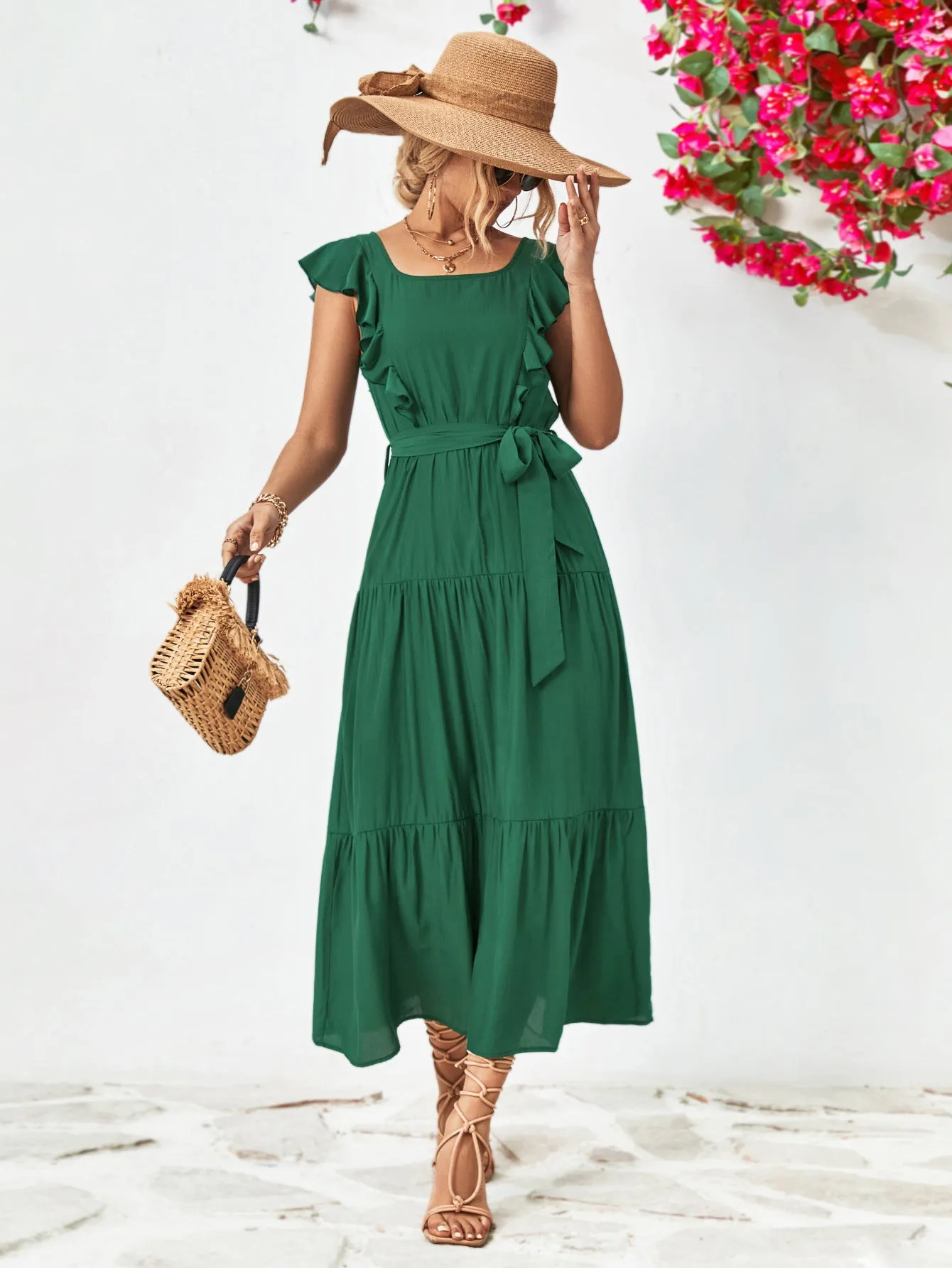 Tie Belt Ruffled Tiered Dress - 2 colors