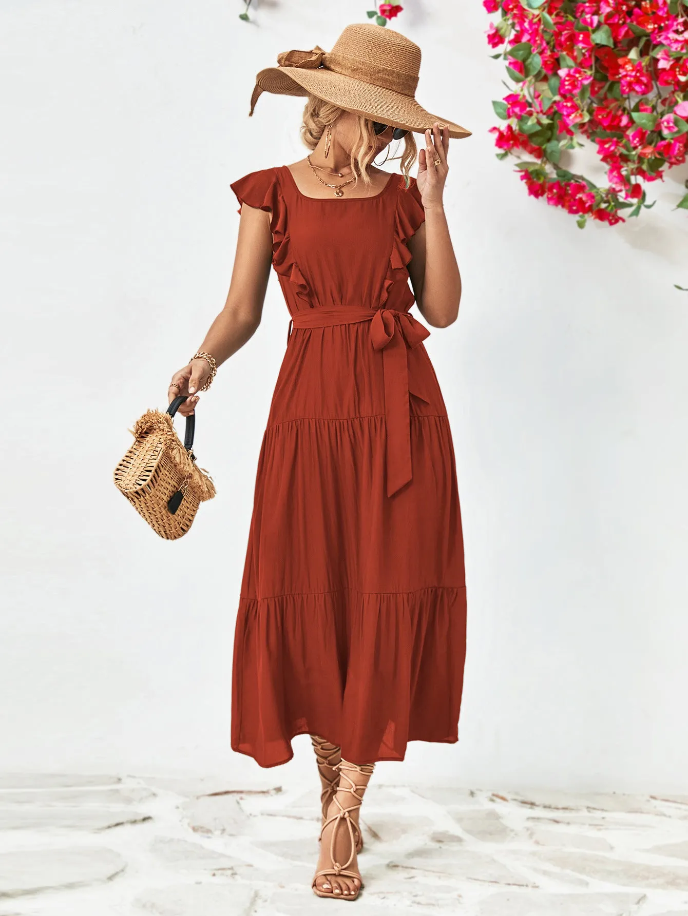 Tie Belt Ruffled Tiered Dress - 2 colors