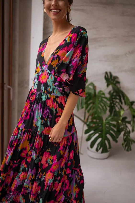 V Neck Floral Bat Maxi Dress