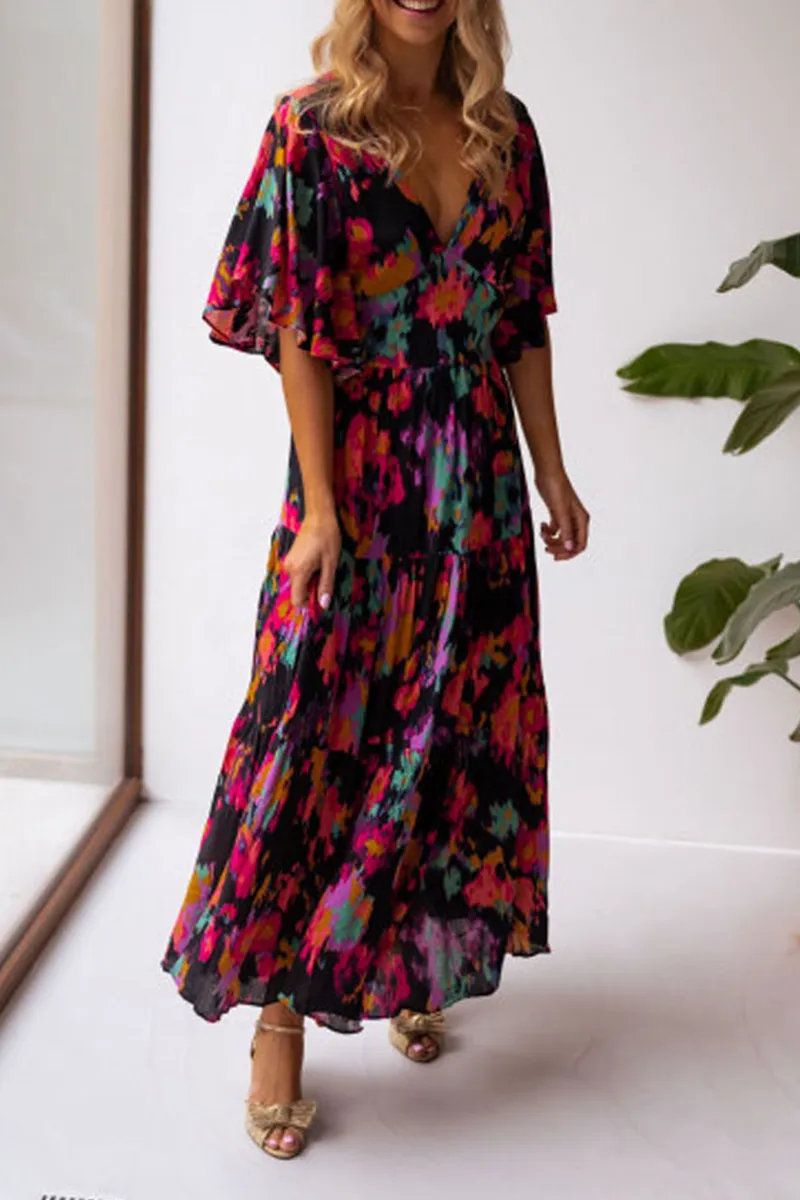 V Neck Floral Bat Maxi Dress