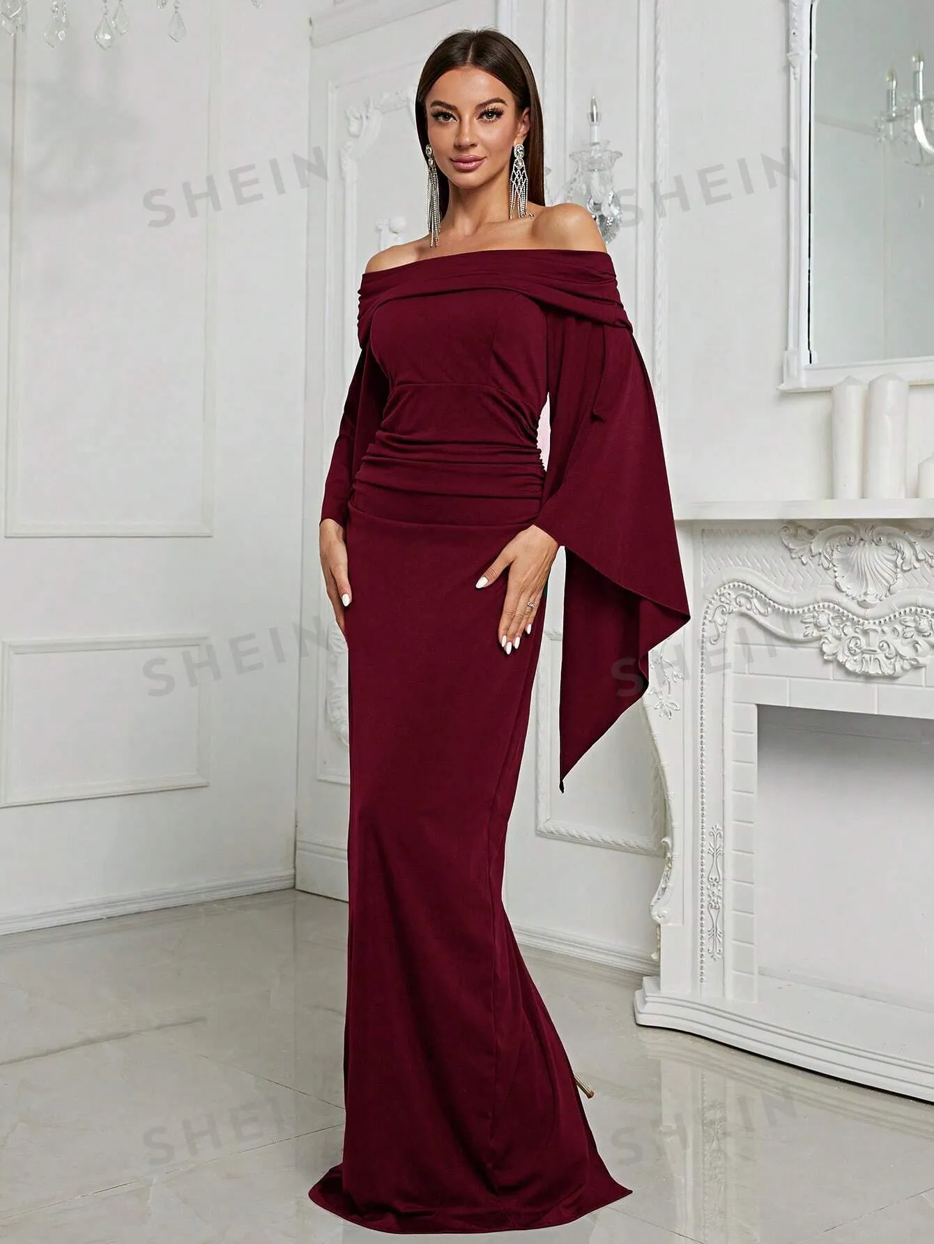 Very Elegant Off Shoulder Flare Sleeve Ruched Side Formal Dress