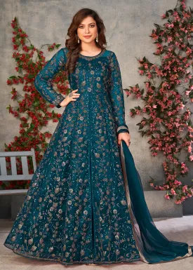 Vintage Teal Blue Wedding Function Pant Style Anarkali Suit