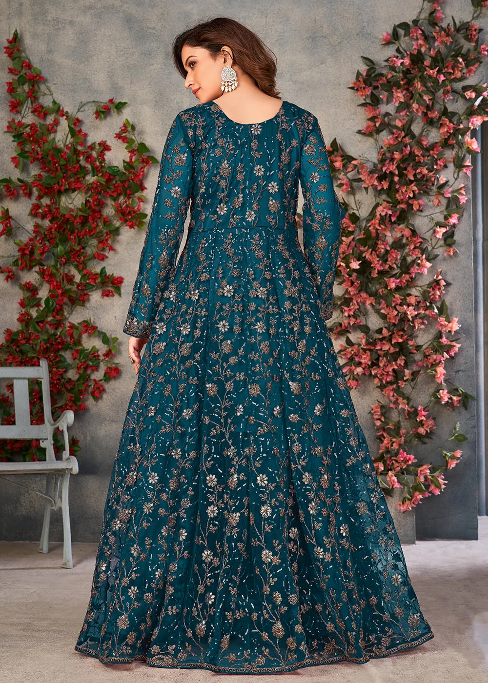 Vintage Teal Blue Wedding Function Pant Style Anarkali Suit