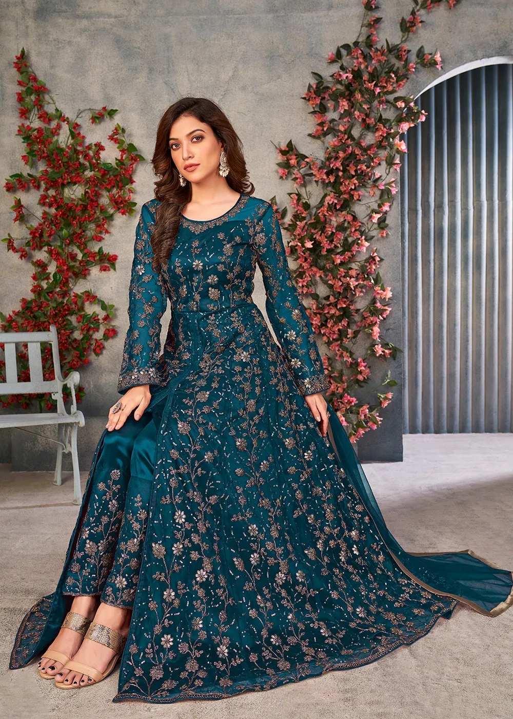 Vintage Teal Blue Wedding Function Pant Style Anarkali Suit