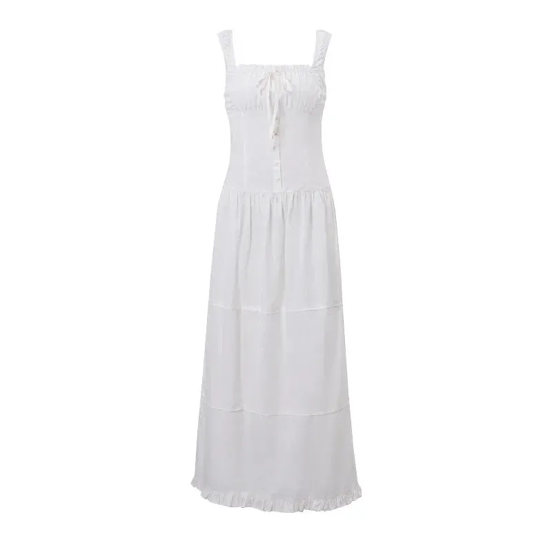 White Beach Vintage Long Holiday Women Button Fashion Sexy Pleated Elegant Maxi Dress