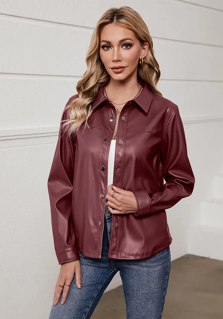 Wine Red Women's Faux Leather Street Style Long Sleeves Vegan Moto Biker Coat