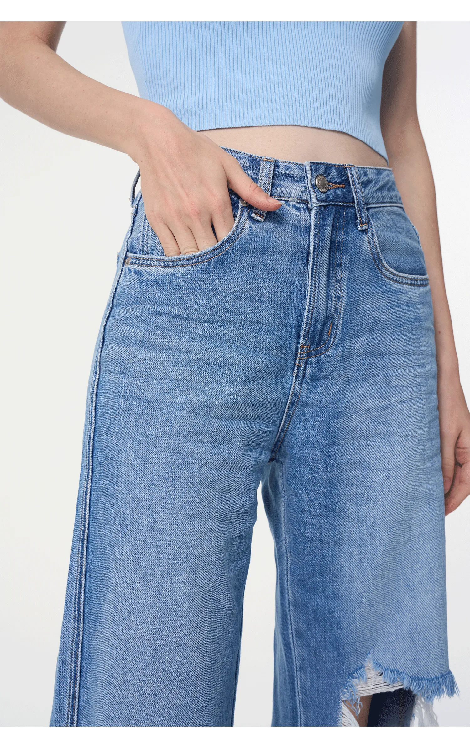 WR-Women's hole-breaking jeans loose thin high-waisted fur-trimmed wide-legged pants washed open fork dragging pants new