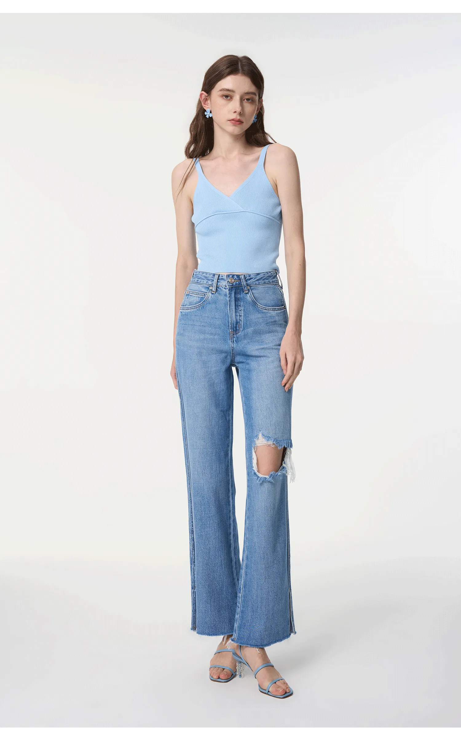 WR-Women's hole-breaking jeans loose thin high-waisted fur-trimmed wide-legged pants washed open fork dragging pants new